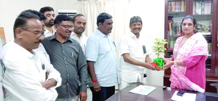   కలెక్టర్‌కు పూల మొక్క అందజేస్తున్న ఉద్యోగ సంఘం నాయకులు