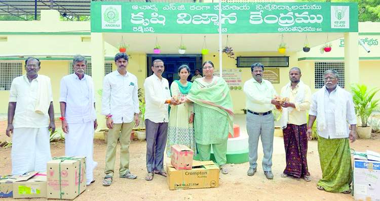 రైతులకు పెరటి కోళ్లను పంపిణీ చేసుత్న్న కృషి విజ్ఞాన కేంద్రం ప్రోగ్రాం డైరెక్టర్‌ ఎస్‌ఎన్‌.మల్లేశ్వరి