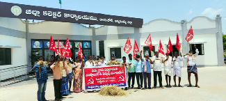  కలెక్టరేట్‌ ఎదుట గడ్డితింటూ వినూత్నంగా నిరసన తెలుపుతున్న కార్మికులు