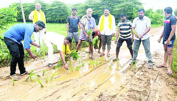 బురద రోడ్డుపై నాట్లు