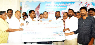 లబ్ధిదారులకు మెగా చెక్కును అందజేస్తున్న కలెక్టర్‌ విజరు రామరాజు