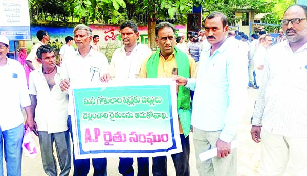 మినీ గోకులాల బిల్లులు చెల్లించాలని రైతుల ధర్నా