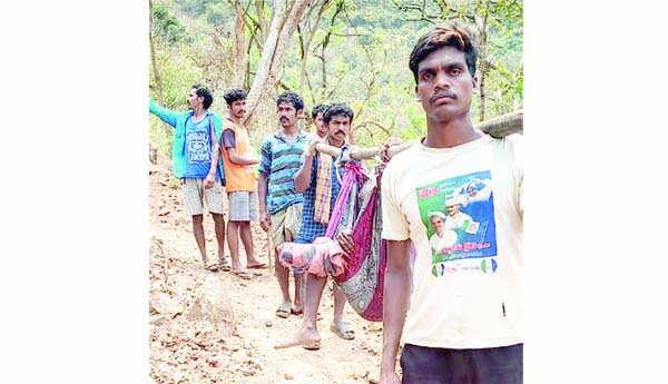   రోడ్డు సౌకర్యం లేక డోలీ కట్టి రోగిని కిందికి తీసుకొస్తున్న మారిక గిరిజనులు